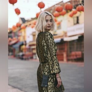 A.L.C. X Barney’s NYC Samantha Silk A-line Midi Dress Animal‎ Print Metallic